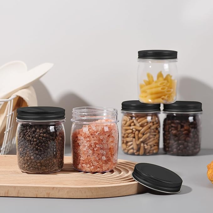 novelinks 8 oz Clear Plastic Jars with Airtight Lids, 8 Pack Plastic Mason Jars with Lids 8oz, Refillable Storage Slime Containers & Small Spice Jar for Kitchen Organization (8 Pack,Black)