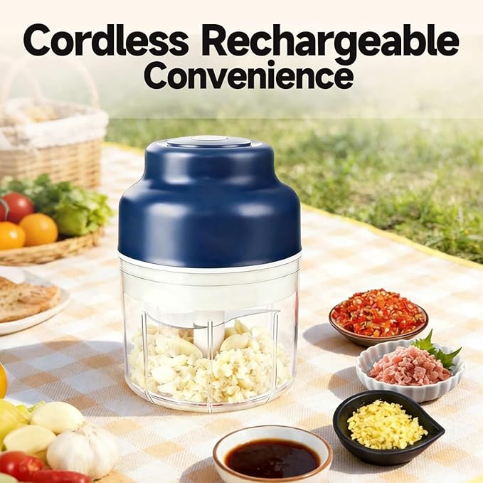Electric Garlic Chopper Mini, Upgraded Rechargeable Veggie Chopper With Storage and Cover, One-Touch Food Processor with 4 Stainless Steel Blades for Onion Meat Chili Ginger (Blue, 320ml)
