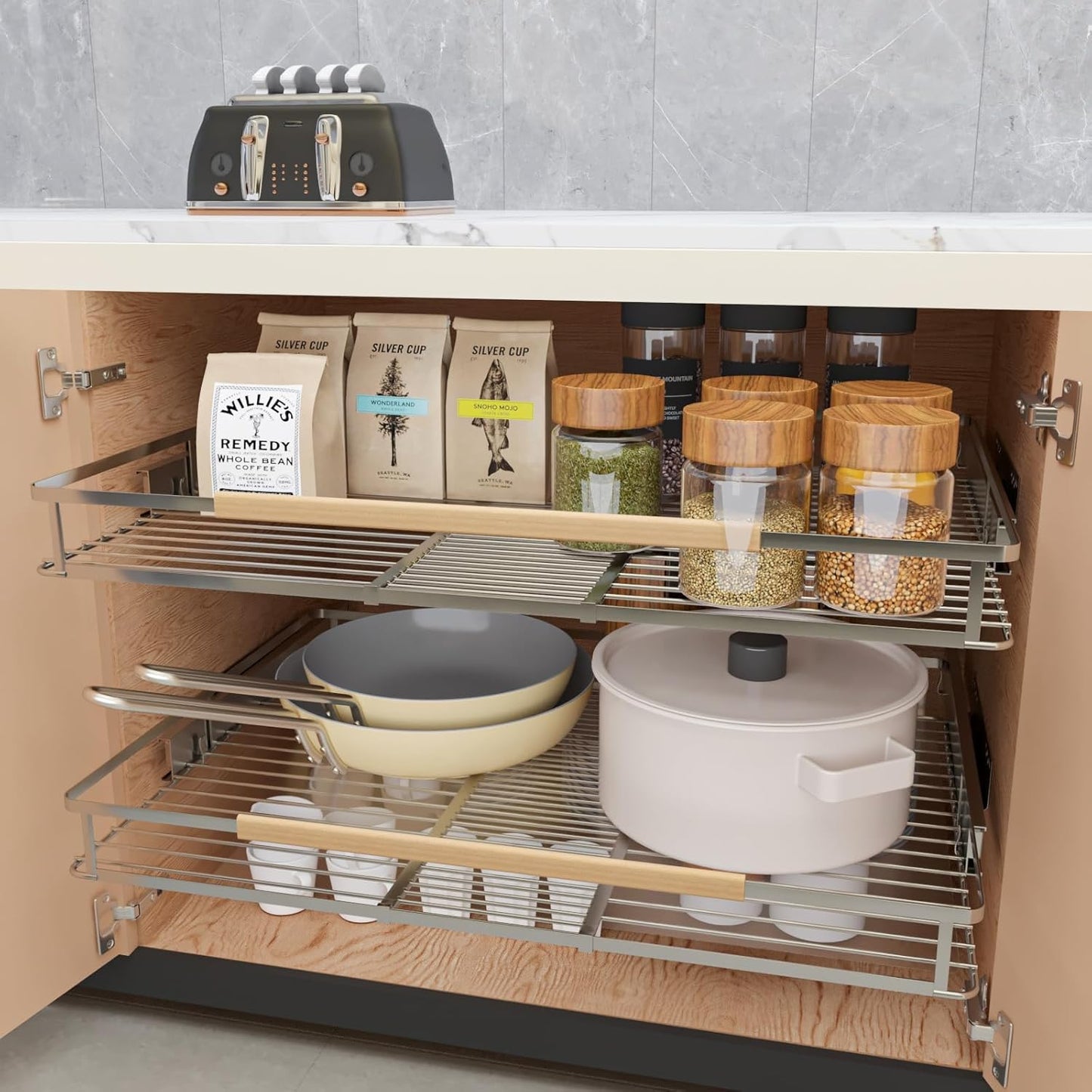 2Pack Expandable Pull Out Cabinet Organizer, Slide Out Drawers for Kitchen Cabinets, Heavy Duty Drawer Slides for Home Kitchen Pantry Cupboard Pots Pans, Adjustable Width 12.3"~18.5" W x 22.5''D