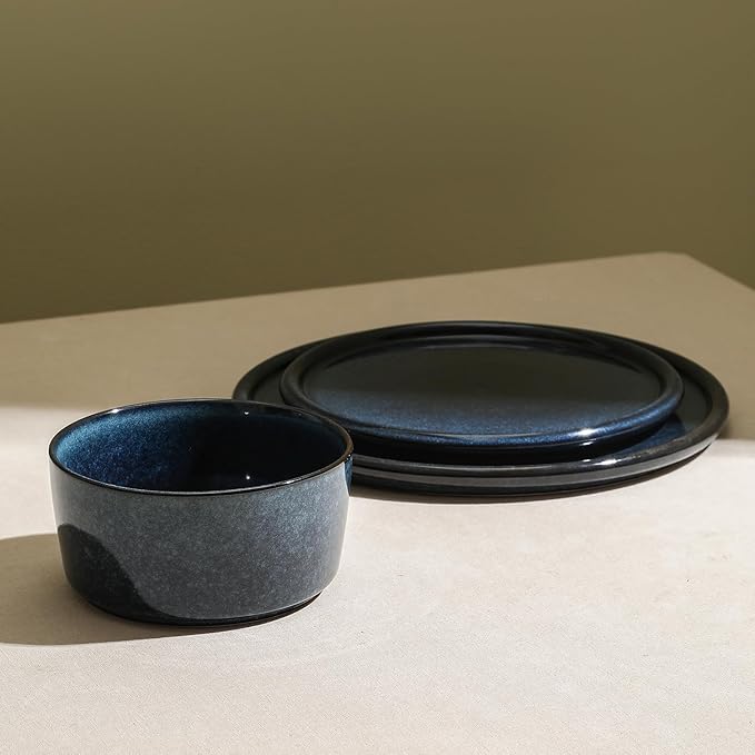 Stone Lain Eden 24-Piece Dinnerware Set Stoneware, Plates and Bowls Set, Dishwasher and Microwave Safe Dish, Dish Set for 8, Dark Blue