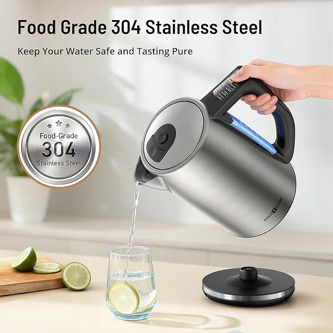 PARIS RHÔNE Electric Kettle with 6 Precise Temperature Presets, 1.7L Stainless Steel Tea Kettle for Oolong & Green Tea, 1500W Fast Boil Coffee Kettle with Strix Control & Keep Warm, Silver