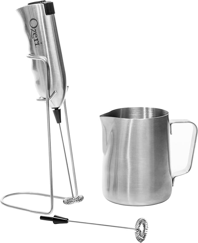 Ozeri Deluxe Milk Frother and 12 oz Frothing Pitcher in Stainless Steel, with Extra Whisk Attachment