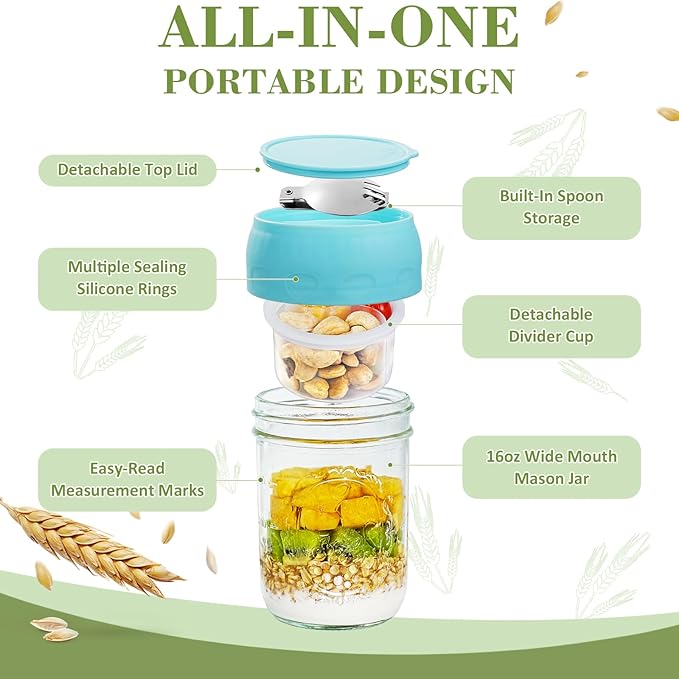 Miuyhji 4 Pack Overnight Oats Containers with Lids, Chia Seed Pudding Jars with Folding Spoons & Divided Compartments for Fruit & Nuts, 16oz Glass Mason Jars for Oatmeal Yogurt Meal Prep Parfait