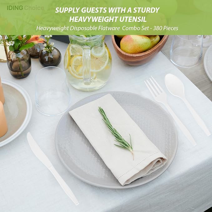 380 Count Heavy Duty Compostable Cutlery Set 140 plastic forks 120 spoons 120 knives eco-friendly no plastic silverware compostable utensils for Weddings, Parties, Office, Camping, Picnic