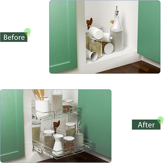 LOVMOR 2 Tier Individual Pull Out Cabinet Organizer 19½" W x 21½" D, Slide Out Kitchen Cabinet Storage Sliding Shelves