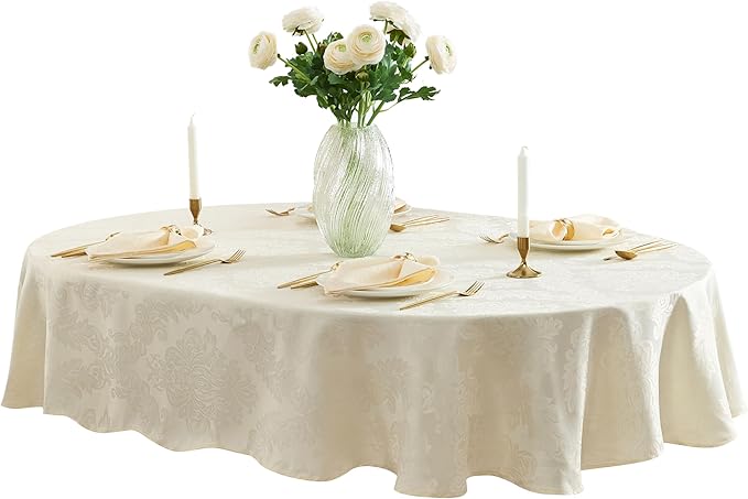 Newbridge Barcelona Luxury Damask Fabric Tablecloth, 60” Wide x 120” Oval, Antique White, 100% Polyester, No Iron, Soil Resistant Dining Room, Party and Banquet Table Cover