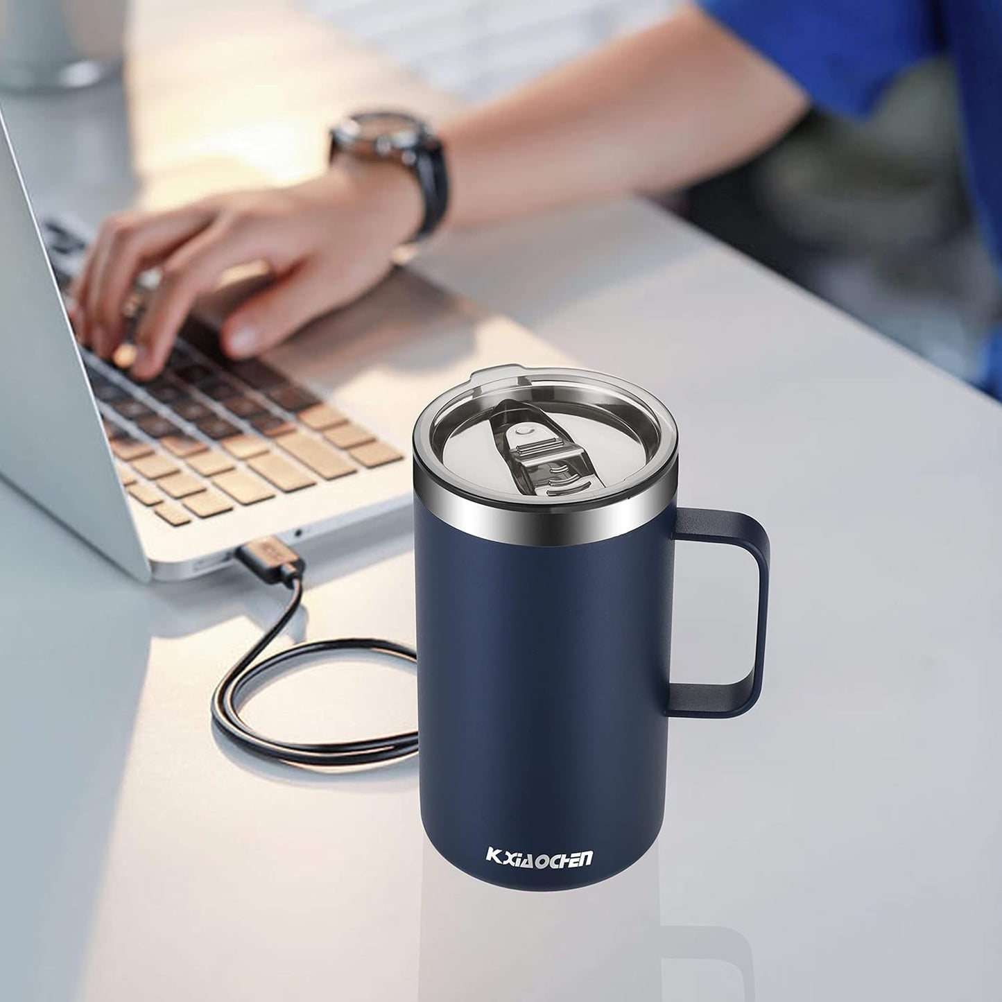KXIAOCHEN 20oz Insulated Coffee Mug with Lid, Stainless Steel Coffee Cup, Double Wall Vacuum Coffee Tumbler with Handle, Premium Thermal Travel Coffee Mug (Navy blue 2Pack)