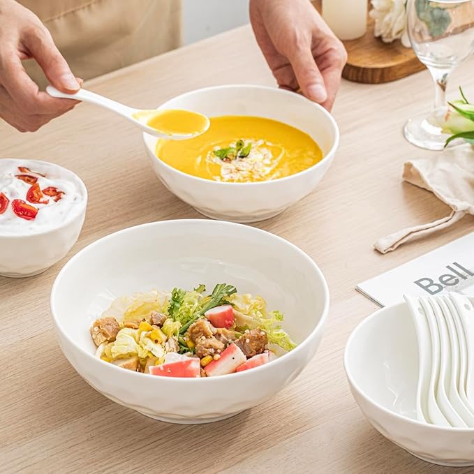 Ceramic Serving Bowls, 6.3 Inch, Set of 4, White, Porcelain, Modern, Oven & Microwave Safe, 25.7 oz Capacity