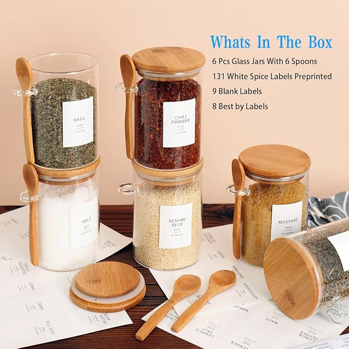 HHMJSM 6 Pcs Glass Jar with Bamboo Lid and Spoon - 17 oz Large Sugar Container with 148 Kitchen Pantry Spice Jar Labels Preprinted - Glass Containers with Wooden Lids Hold Coffee, Tea, Candy