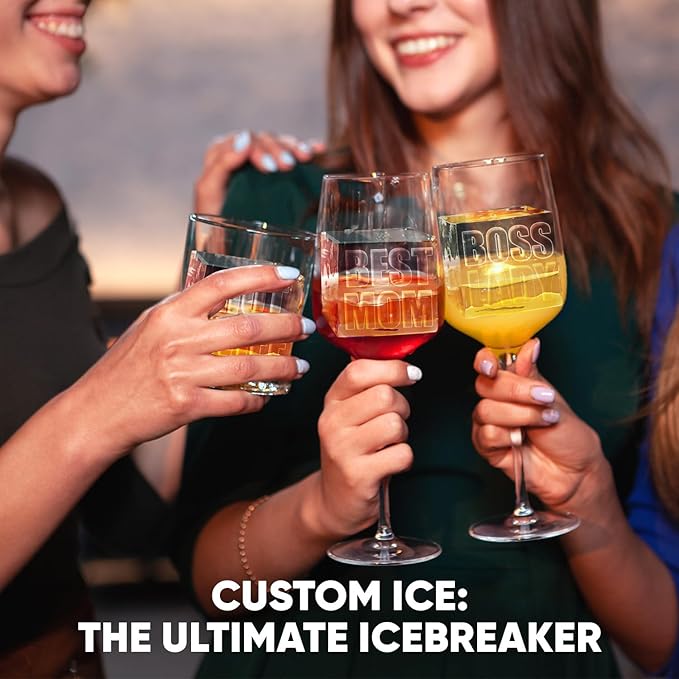 Berlinzo Premium Clear Ice Cube Maker with Conversation Ice Prints – 8 Large 2.1" Crystal Clear Ice Squares – Giftable Idea for Party, Game Night & Just for Fun – Includes Storage Bag (Non-Electric)
