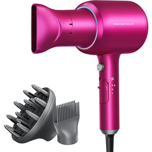 Wavytalk Hair Dryer with Diffuser, Blown Away Ionic Hair Dryer for Curly Hair, 1875W Fast Drying Blow Dryer with Ceramic Technology, 3 Attachments for All Hair Types, Light and Quiet, Hot Pink