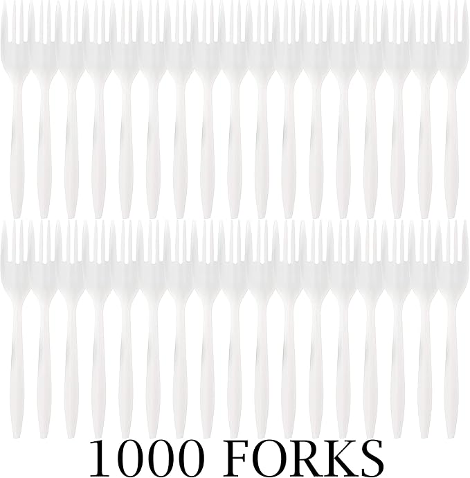 Plasticpro Cutlery Plastic Forks Medium Weight Disposable Silverware (White,1000 Forks)