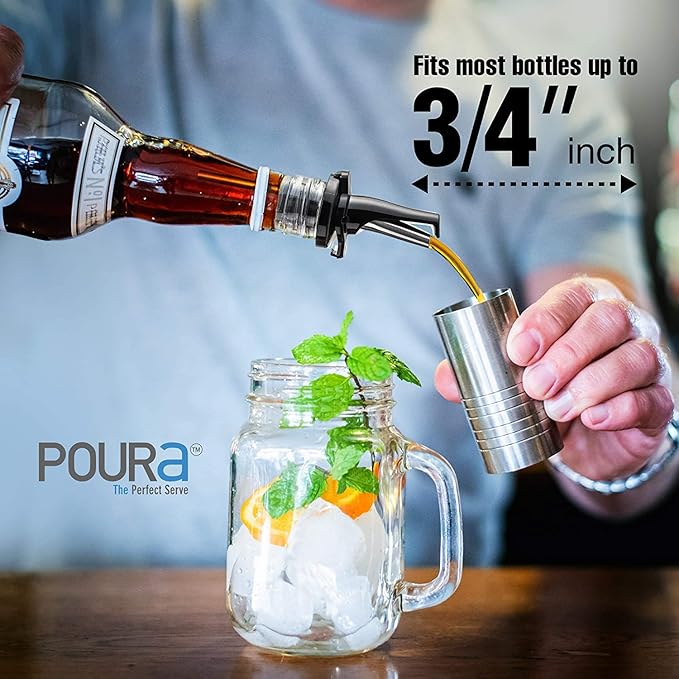Poura 8 Liquor Pour Spouts (Black) with Built-in Caps for Optimal Fly & Dust Protection - Dishwasher Safe, Hygienic Spouts