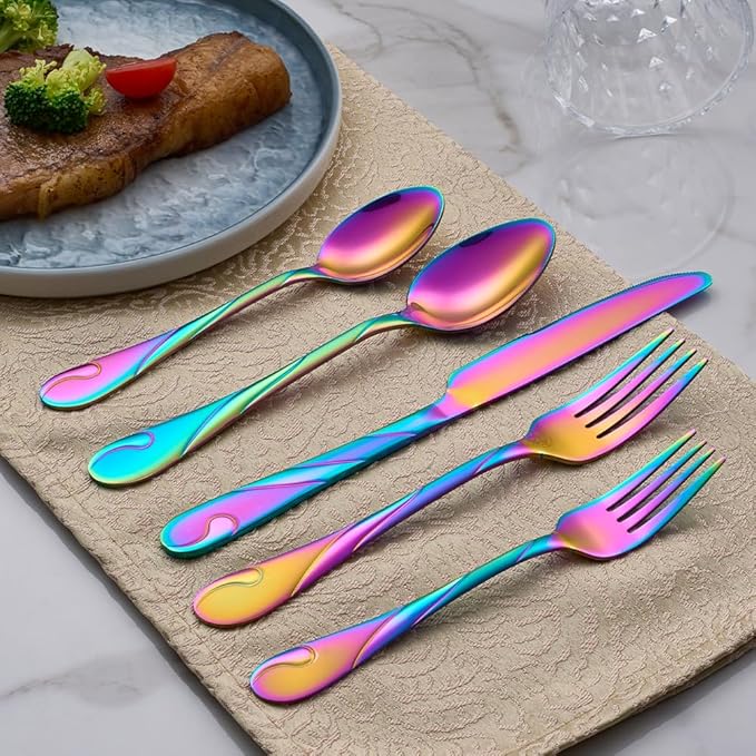 Rainbow Silverware Set for 6, 30-Piece Stainless Steel Flatware Set, Shiny Rainbow Metal Cutlery Set, Include Fork, Knife and Spoon Set, Dishwasher Safe