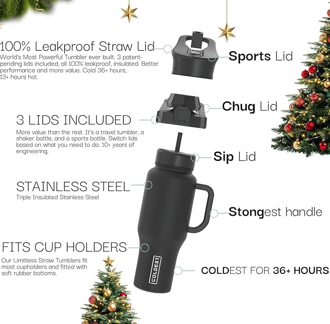 Coldest Tumbler with Handle and Straw - 100% Spill Proof Tumbler with Straw (3 Lids) - Stainless Steel Insulated Leakproof Tumblers for Women & Men - Cup Holder Friendly - 46 oz (SunTan Nova)