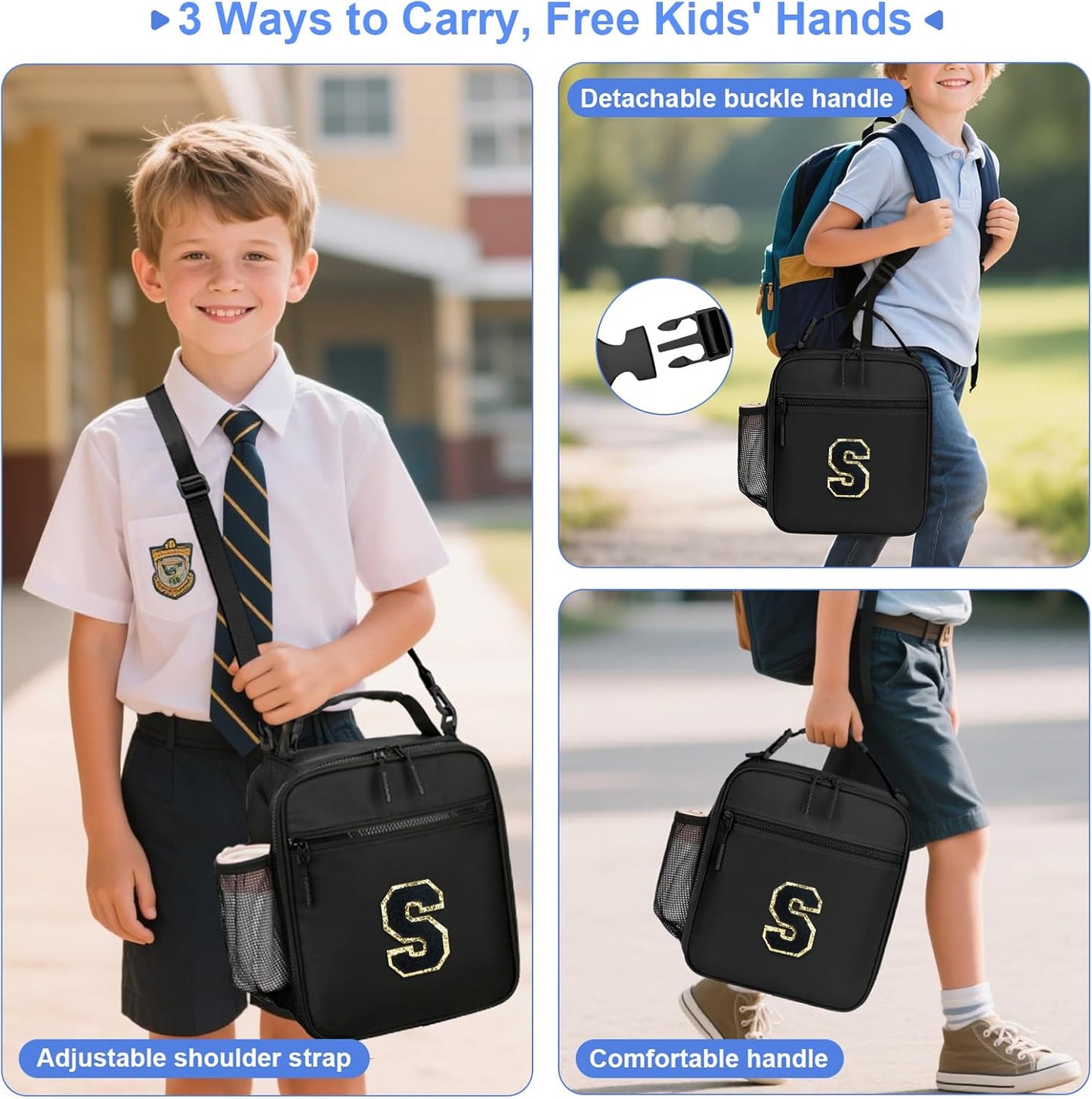 Initial Insulated Lunch Bag for Boys Kids, Back to School Gift, Reusable Leak-proof Lunch Box with Adjustable Strap for School Daycare Travel Picnic（Black，S）