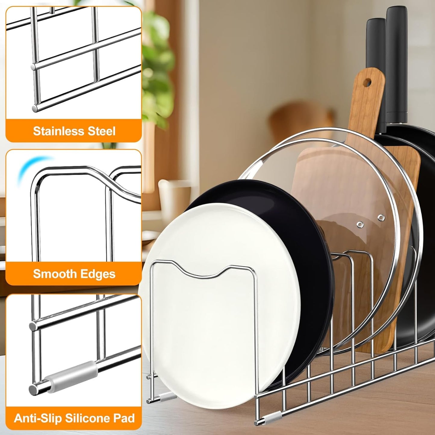 FLSEPAMB Lid Organizer Pot Lid Organizer 10-Tier Pot Lid Rack Holder Suitable for Bakeware Dish Plate, Cutting Boards, Pots & Pans, Serving Trays, Reusable Containers in Cabinet Pantry (1 Pack)