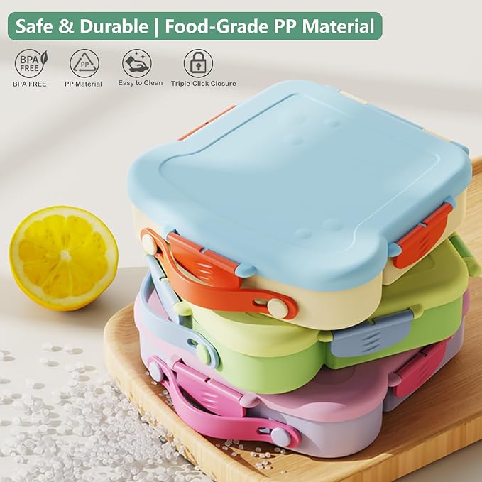Bento Lunch Box - Toast-Shaped 4-Compartment Lunchable Food Container with Sauce Cup, Utensils & Brush, BPA-Free, Reusable Snack Container with lid, Ideal for Travel - Yellow