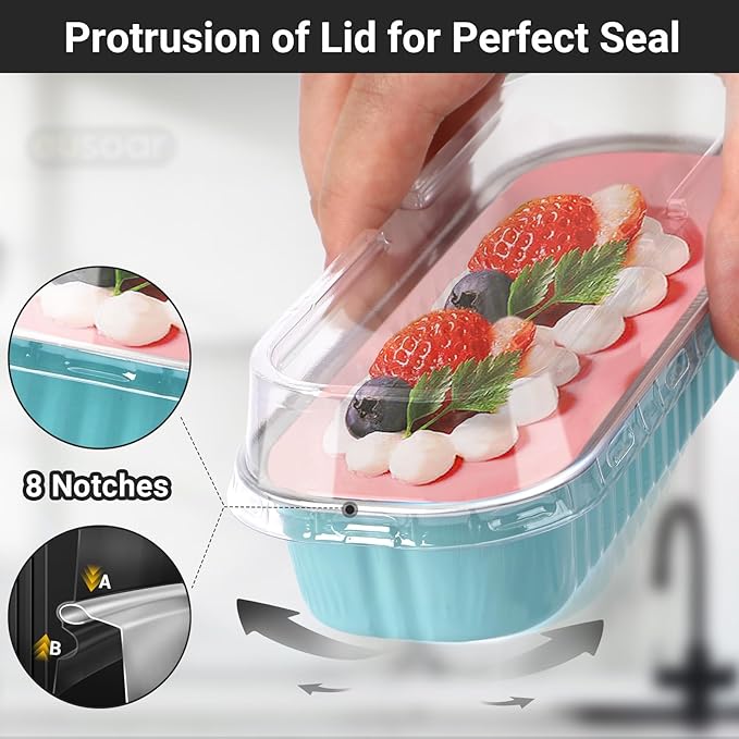 EUSOAR Baking Cups with Lids, 50pcs 6.8oz 6.5"x2.5"x1.2" Disposable Aluminum Foil Ramekins Pan Tin, Cupcake Containers Wrappers Cheesecake Creme Brulee Ramekins Mini Loaf Cake Pans with Lids