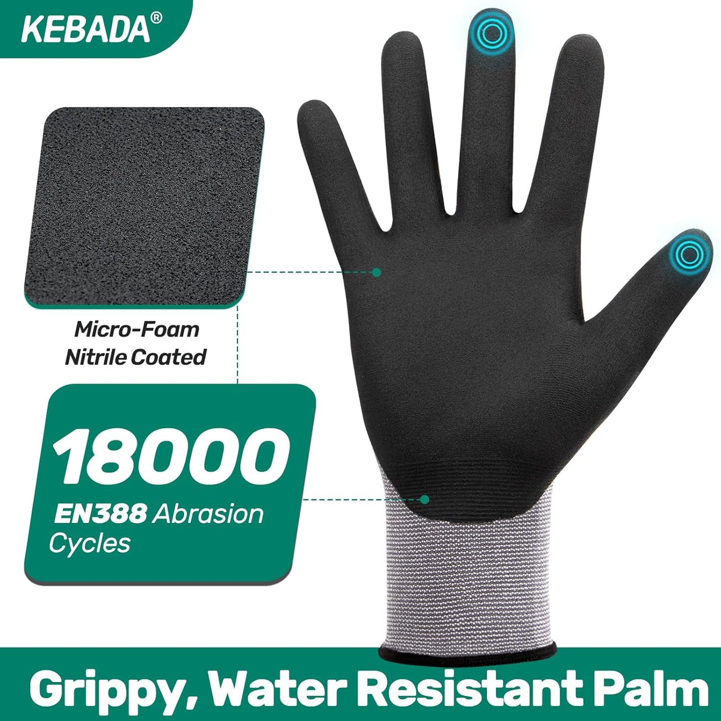 Kebada W2 Work Gloves for Men and Women, Nitrile Coated Working Gloves for Gardening, Construction, Warehouse, Safety Gloves for Work in Yard and Outdoors, 6 Pairs, XS