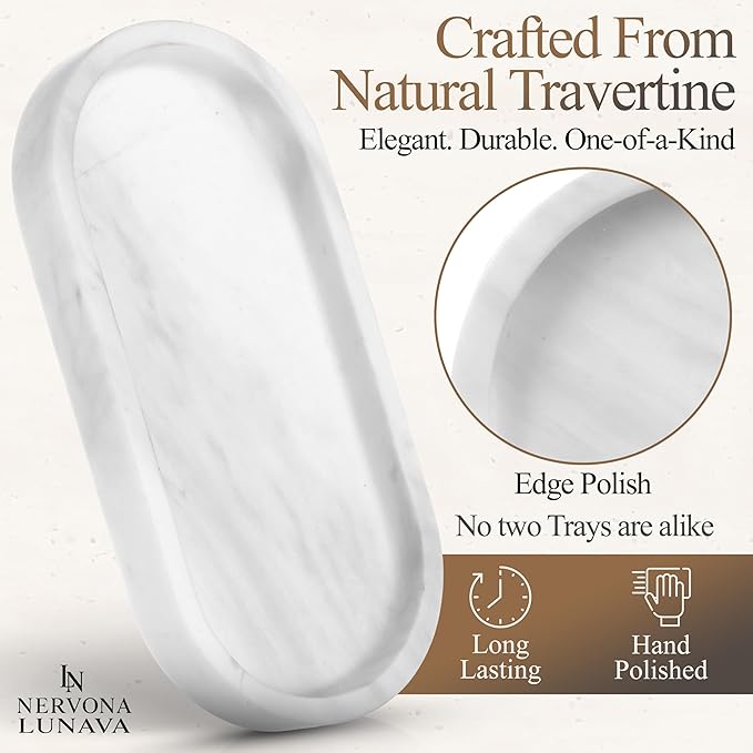 Lunava Real Natural Marble Tray for Bathroom Counter, Oval Natural Marble Tray for Kitchen Counter, Hand-Polished Natural Stone Caddy for Vanity, Sink, or Dresser, 9.8"x4.7"in, White