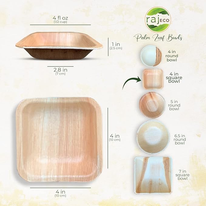 Raj Disposable Palm Leaf Bulk Bowls (400 Count, 4" Square Bowls) Strong Bowl Like Bamboo Party Bowl - Decorative Compostable Tableware for Lunch, Dinner, Birthday, Outdoor, BBQ, Picnic.