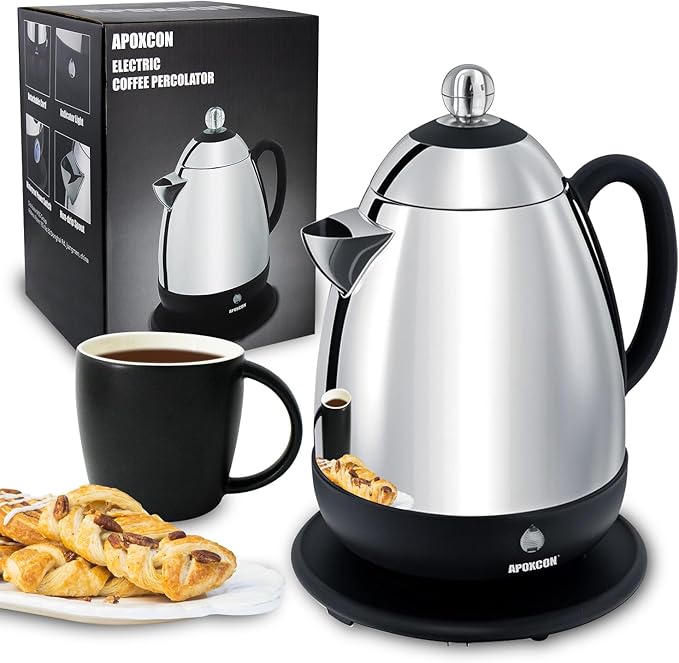 APOXCON Electric Coffee Percolator Stainless Steel Coffee Maker with Clear Brew Progress Knob and No-Drip Spout Auto Keep Warm & Cordless Serving Coffee pot with On/OFF Switch Fast Brew (10 Cup)