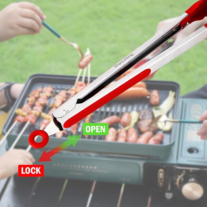 Silicone Kitchen Tongs for Cooking - 9+12 Inch Heat-Resistant Stainless Steel Cooking Tongs with Non-Slip Handle, Non-Scratch Tips for, BBQ, Salad & Air Fryer - 2-PieceRedSet
