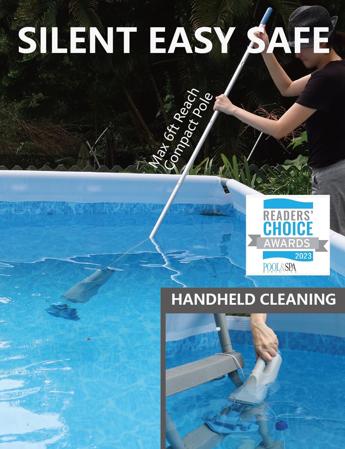 KOKIDO (2025) Rechargeable Handheld Pool Vacuum, Aluminum Pole and 2 Brush Heads, 10GPM flowrate Ideal for Pools up to 20ft, Cordless 60 mins Spot Cleaning, Above Ground Pool, Hot Tub & Spa XV110