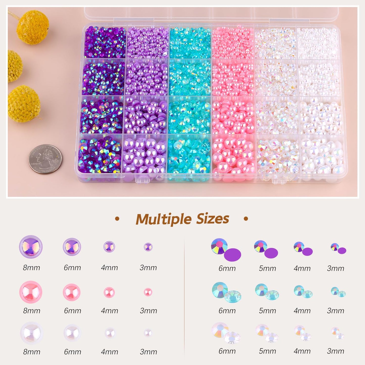 9000PCS Flatback Pearls and Rhinestones for Crafting, Pink Purple Mixed Size 3-10mm Resin Rhinestones and Half Pearls for Bedazzling, Nail Art and Decoration with Tweezer and Pickup Pencil