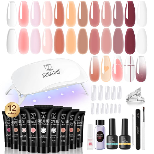ROSALIND Poly Nail Gel Kit -12 Colors + Nail Art Accessories Kit Summer Neon Poly Nails Gel Kit Starter Kit With Slip Solution Pro Bright Colors Nail Extensions Gel Set with Mini UV Lamp