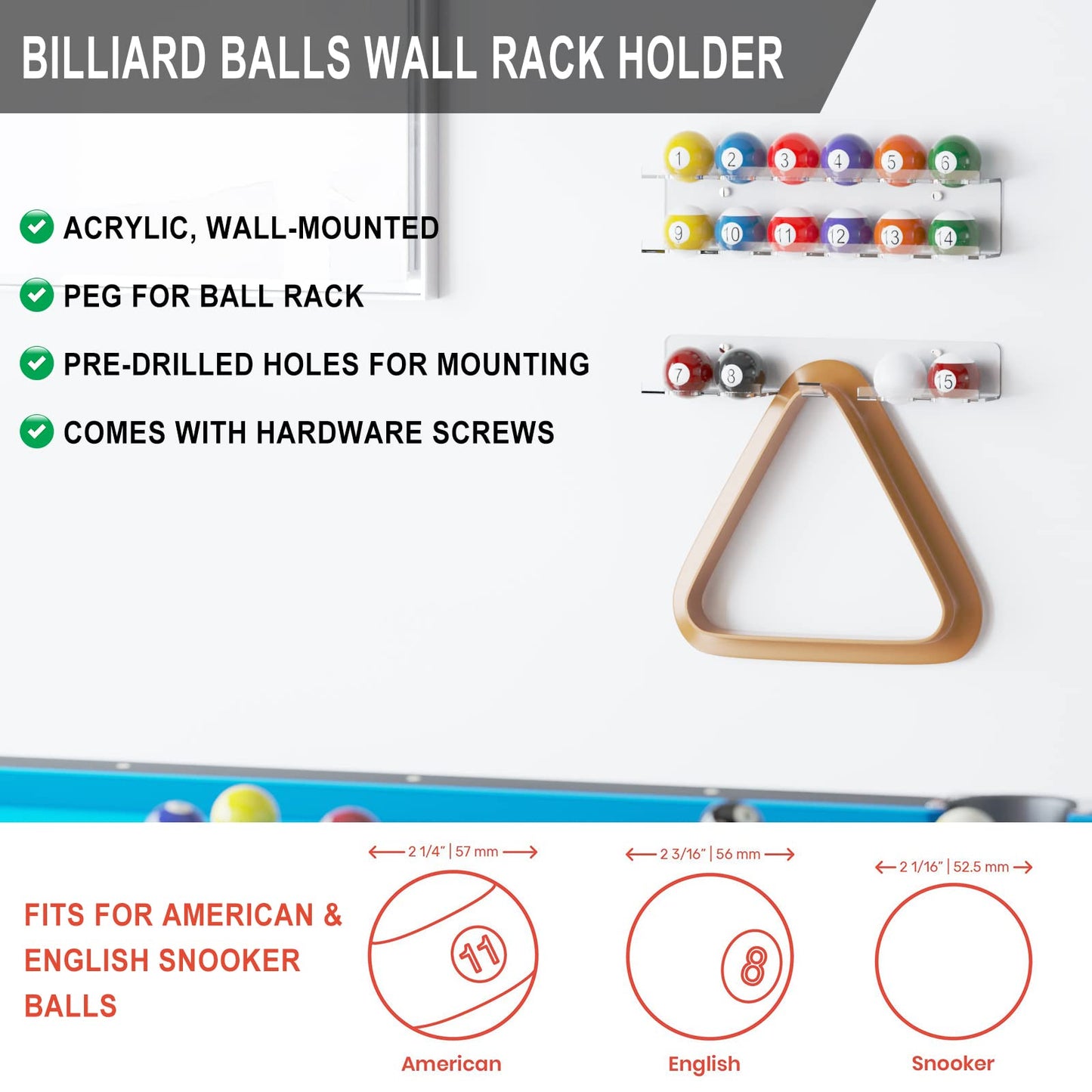 Cosmos Acrylic Billiard Ball Storage Shelf Set Pool Ball Wall Mount Rack Pool Accessory Wall Holder for 16 Balls Billiard Pool Ball Cue Ball Billiard Ball Rack in Billiard Room Bar (Transparent Clear)