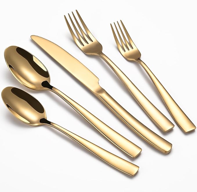40-Piece Black Silverware Set, Heavy Duty Stainless Steel Flatware Cutlery Set Service for 8, Food-Grade Utensil Sets for Home Restaurant, Dishwasher Safe (Gold, 40)