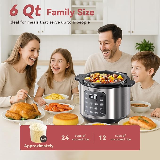 Electric Pressure Cooker 6 Qt, 9 Functions Programmable Instant Pot with IMD Touchscreen, Rice Cook, Slow Cook, Steam, Sauté, Warm, 16+ Safety Features, 1000W Silver
