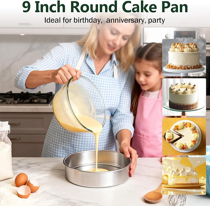 P&P CHEF 9 Inch Cake Pan, 1 Piece Round Layer Cake Baking Pans, Stainless Steel Smash Cake Tin Bakeware for Cooking Steaming, Nontoxic & Sturdy, Oven & Dishwasher Safe