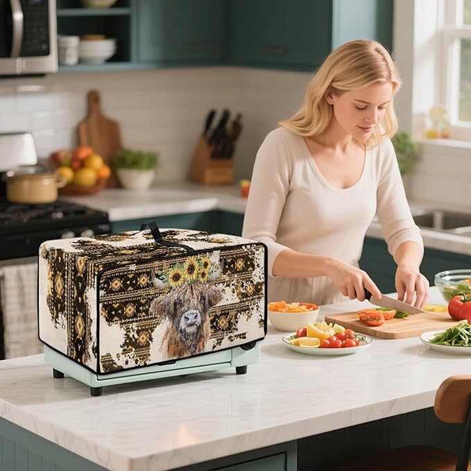 Convection Toaster Oven Cover with Pockets, Easy to Clean, Smart Microwave Baking Oven Dust Cover for Countertop, S, Aztec Highland Cow Sunflower Tribal Pattern