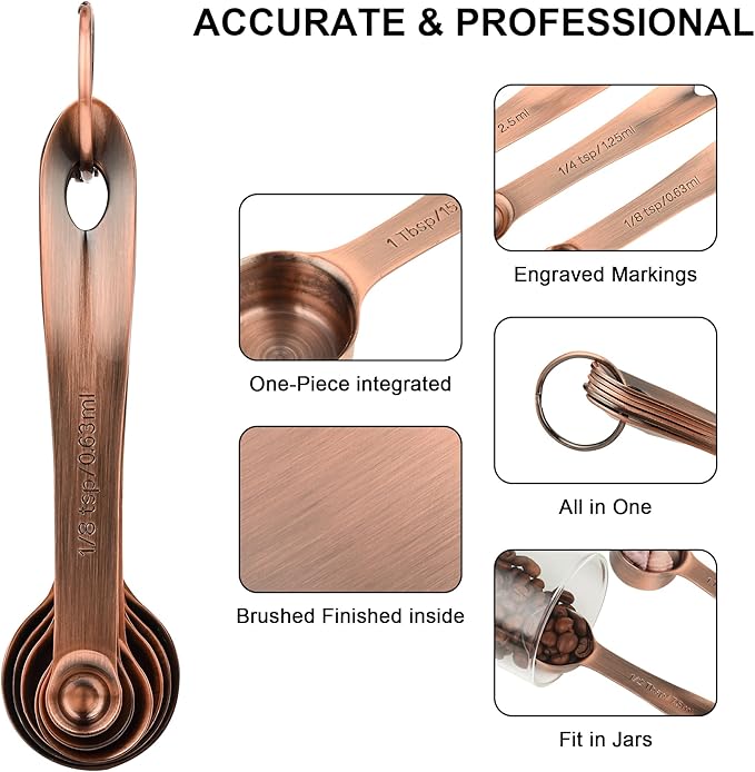 Copper Measuring Cups and Spoons Set 16, Dry&Liquid Stainless Steel Measuring Cups and Spoons, 7 Metric&US Measing Cups & 6 Measuring Spoons & Measure Equivalents for Kitchen&Baking