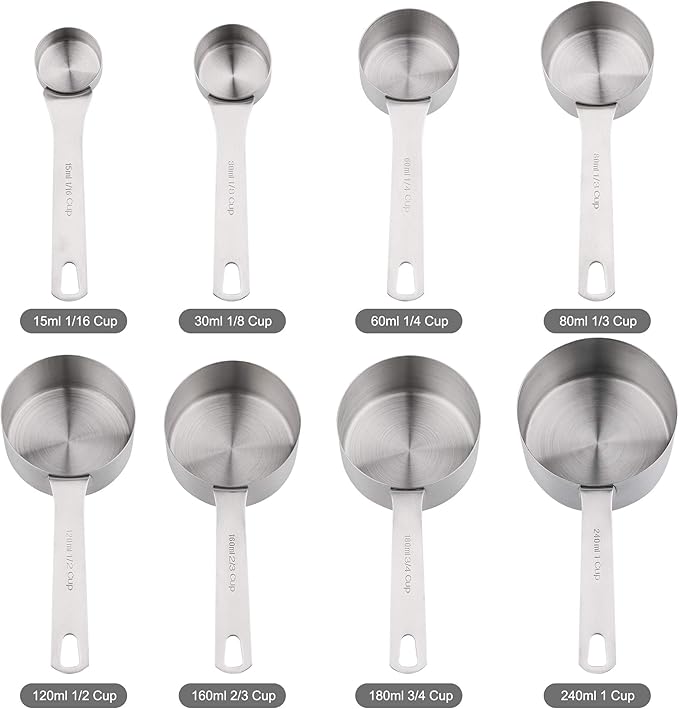 Stainless Steel Measuring Cups set of 8 measuring cups and 1 Magnetic Conversion Chart,1 Locking Ring,The Durable and Portable Kitchen Measuring Kit for Cooking and Baking
