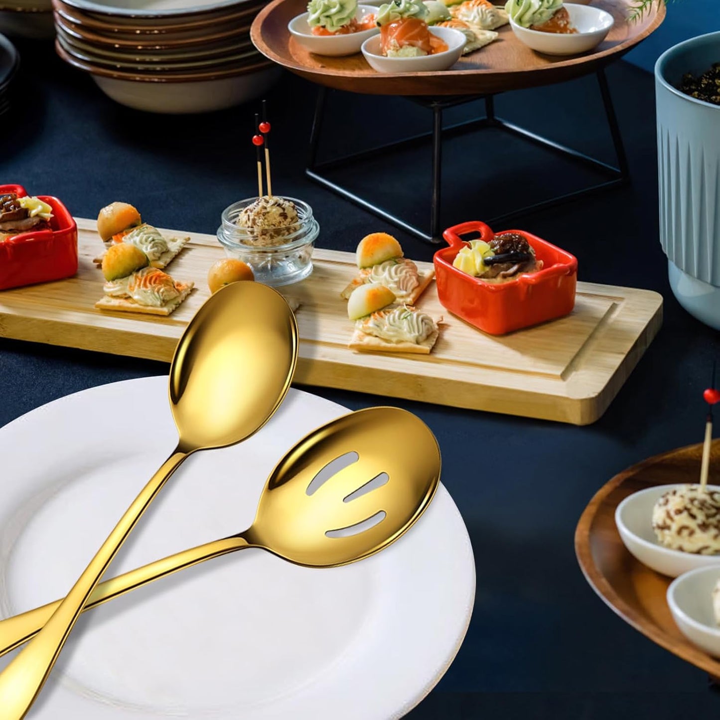Gold Large Serving Spoons, 8 Pieces Large Stainless Steel Serving Spoons Set Includes 4 Large Serving Spoon,4 Large Slotted Spoons. Serving Spoons for Parties/Buffet, Dishwasher Safe, 10-Inch