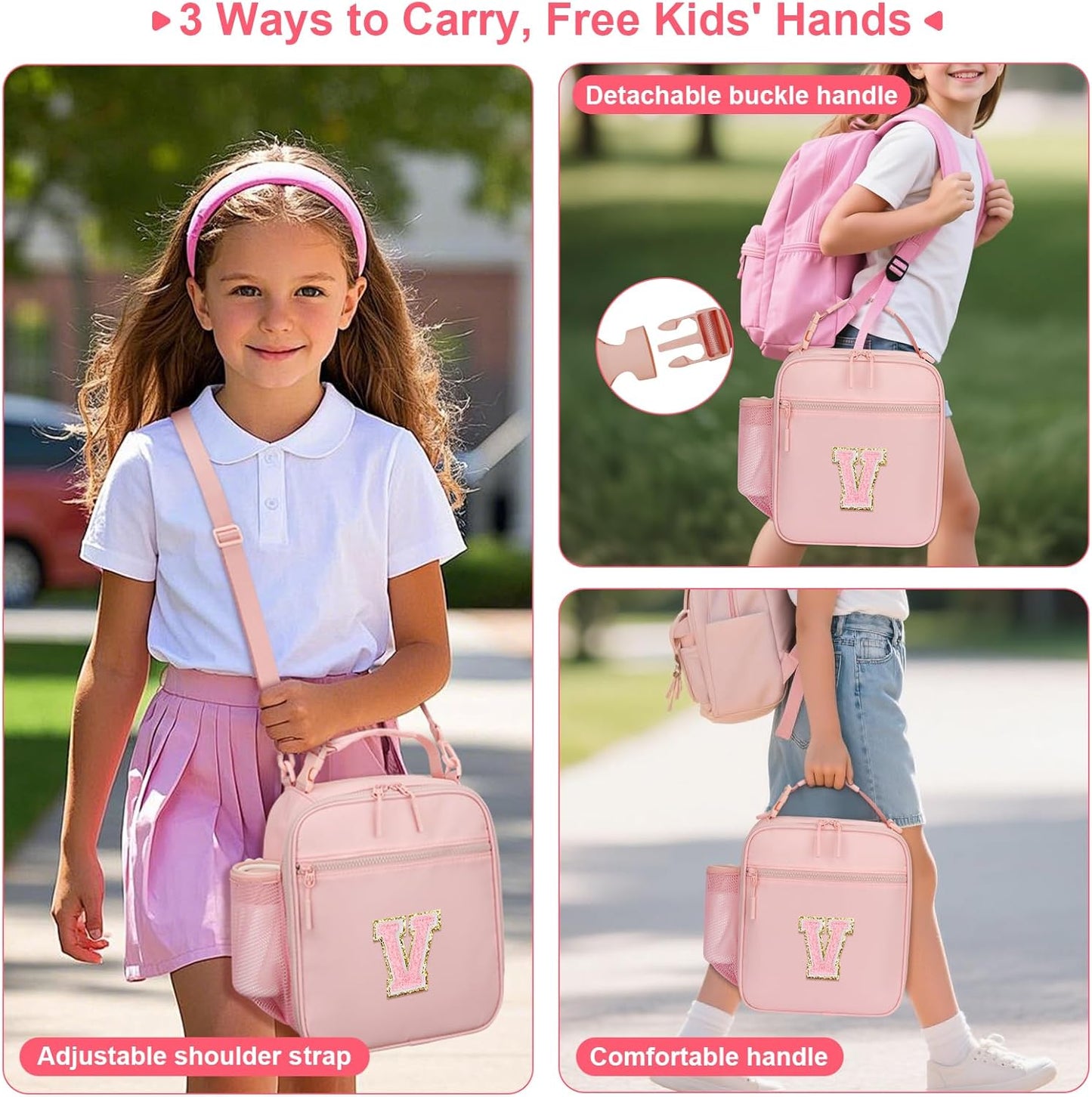Initial Insulated Lunch Bag for Girls Kids, Back to School Gift, Reusable Leak-proof Lunch Box with Adjustable Strap for School Daycare Travel Picnic (Pink,V)
