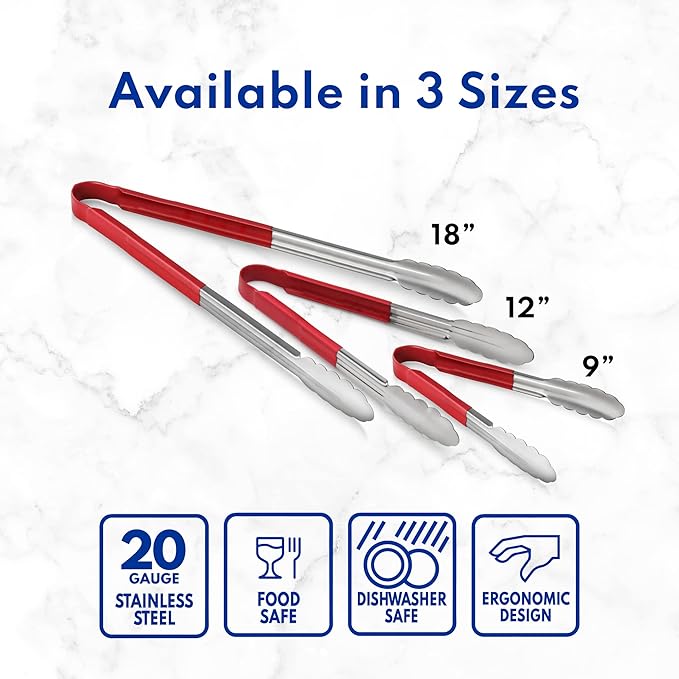 New Star Foodservice 35872 9-Inch Utility Spring Tongs, Stainless Steel, Vinyl Coated, Set of 12, Red