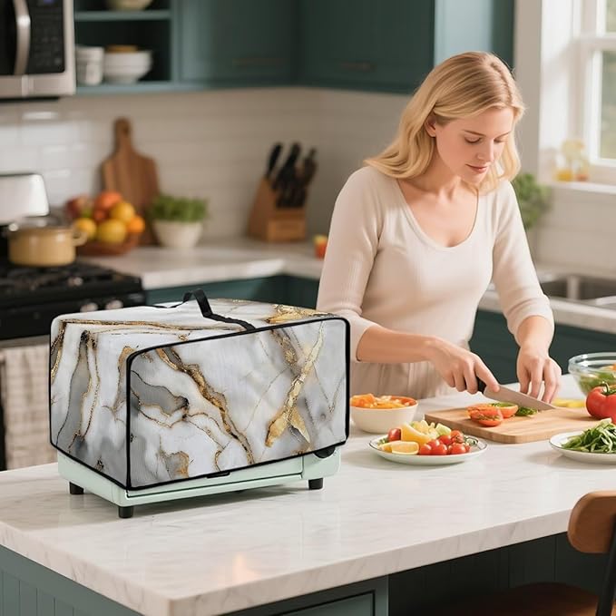 Toaster Oven Dust Cover with Storage Pockets, Protective Decorative Smart Oven Cover for for Kitchen Countertop, L, 18.5 x 22.5 x 13 inches, White Gold Gray Marble