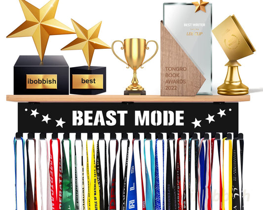 BEAST MODE Trophy and Medal Hanger Display Shelf,Soccer Trophy Shelf with 20 hooks for Medals,Sturdy Soccer Trophy Shelf in Black Metal Wall Mount Over big Medals Trophy Display Shelf with Gifts Box