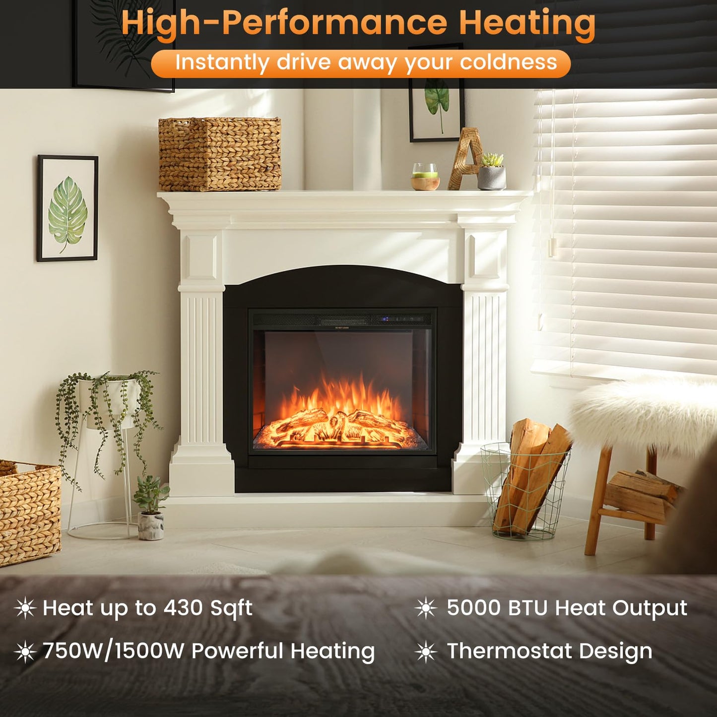 COSTWAY Electric Fireplace Insert 26-inch Wide, 5,000 BTU Recessed and Freestanding Fireplace Heater with Remote Control, 3 Flame Colors, 6 Brightness, 6H Timer, Fireplace for Indoor Use, 750/1500W