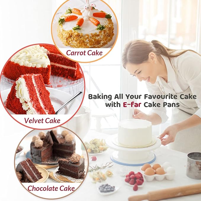 9½ Inch Cake Pan Set of 3, E-Far Stainless Steel Round Layer Cake Baking Pans with Parchment Rounds & Side Liner Roll, Non-Toxic & Healthy Metal Cakes Tin, Straight Side & Dishwasher Safe