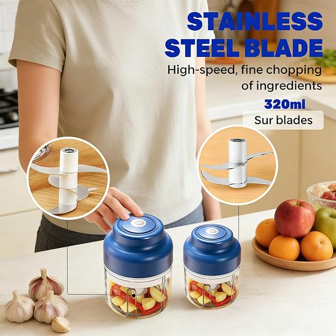 Electric Garlic Chopper Mini, Upgraded Rechargeable Veggie Chopper With Storage and Cover, One-Touch Food Processor with 4 Stainless Steel Blades for Onion Meat Chili Ginger (Blue, 250ml)