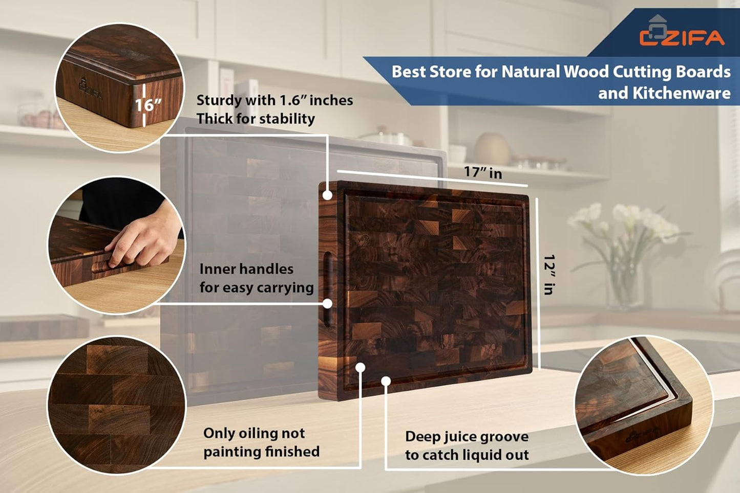 American Dark Walnut Wood Cutting Board 17"x12"x1.6" for Kitchen with Juice Groove, Inner Handles, Gift Box Packaging and End Grain Butcher Block Finished with Linseed Oil, Beeswax & Lemon Oil