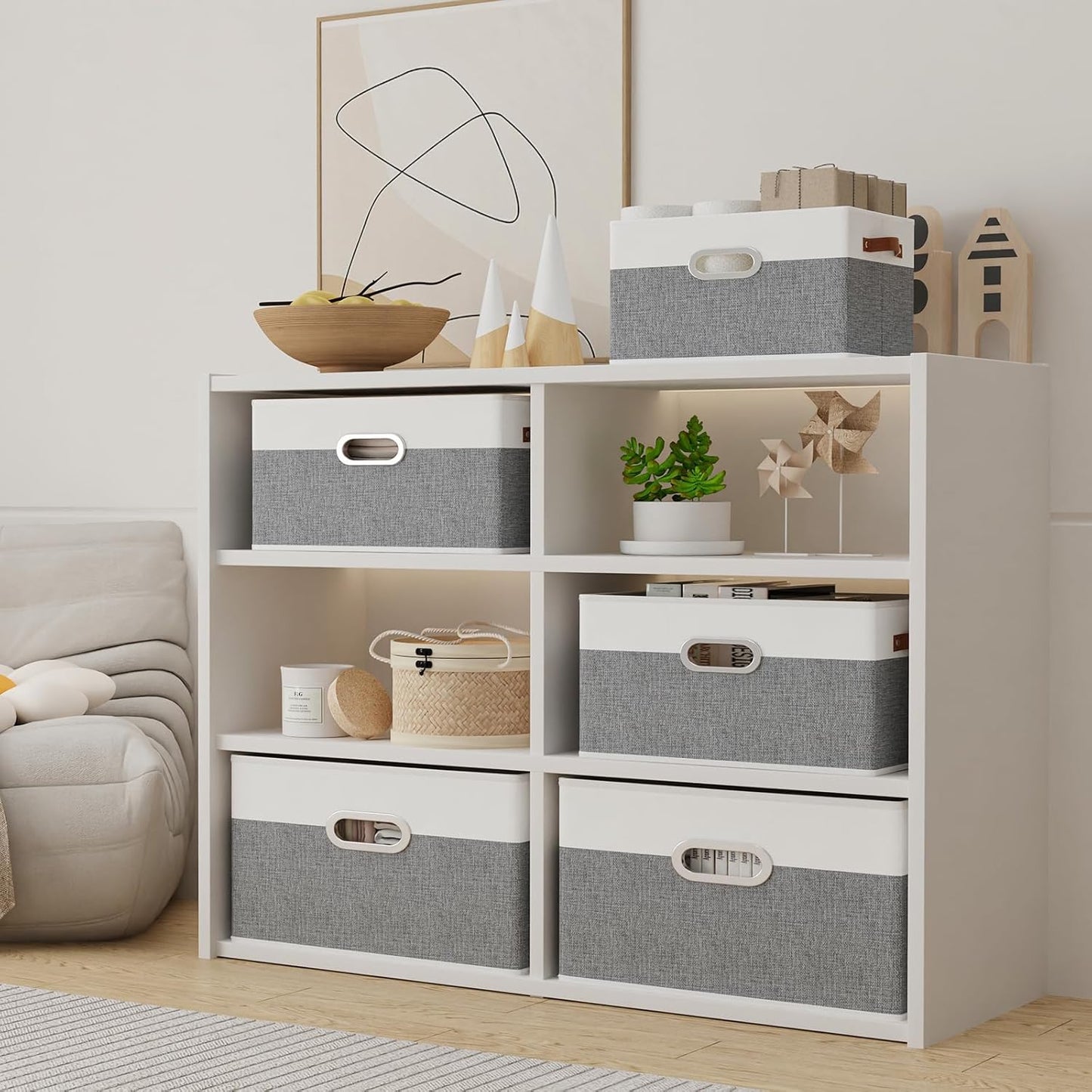 Yawinhe Fabric Storage Baskets, Foldable Closet Organizer for Shelves, Large Boxes with 3 Handles, Canvas Bins for Clothes, White/Grey, 12.99''Lx9.05''Wx7.87''H, 6-Pack