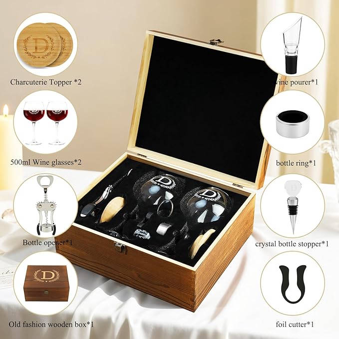 GZLDGIFTS Personalized Initial Wine Glasses Box Gift Set For Women Mom Engraved Birthday Monogrammed Wooden Christmas Gifts Wedding Anniversary Wine Couples Stopper Opener Initial Letterr (V Set)