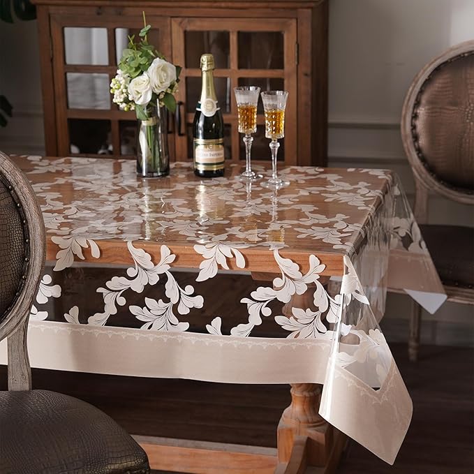 Vinyl Table Cloth Rectangle Clear Table Cover Protector with Block Printed Pattern Oil Spill Proof Farmhouse Rustic Plastic Table Covers for Dining Tables (Scroll Grass, 52 x 70 Inches)